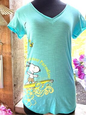 Peanuts Snoopy & Woodstock “Summer Paradise” Aqua Graphic Tee by Briefly Stated